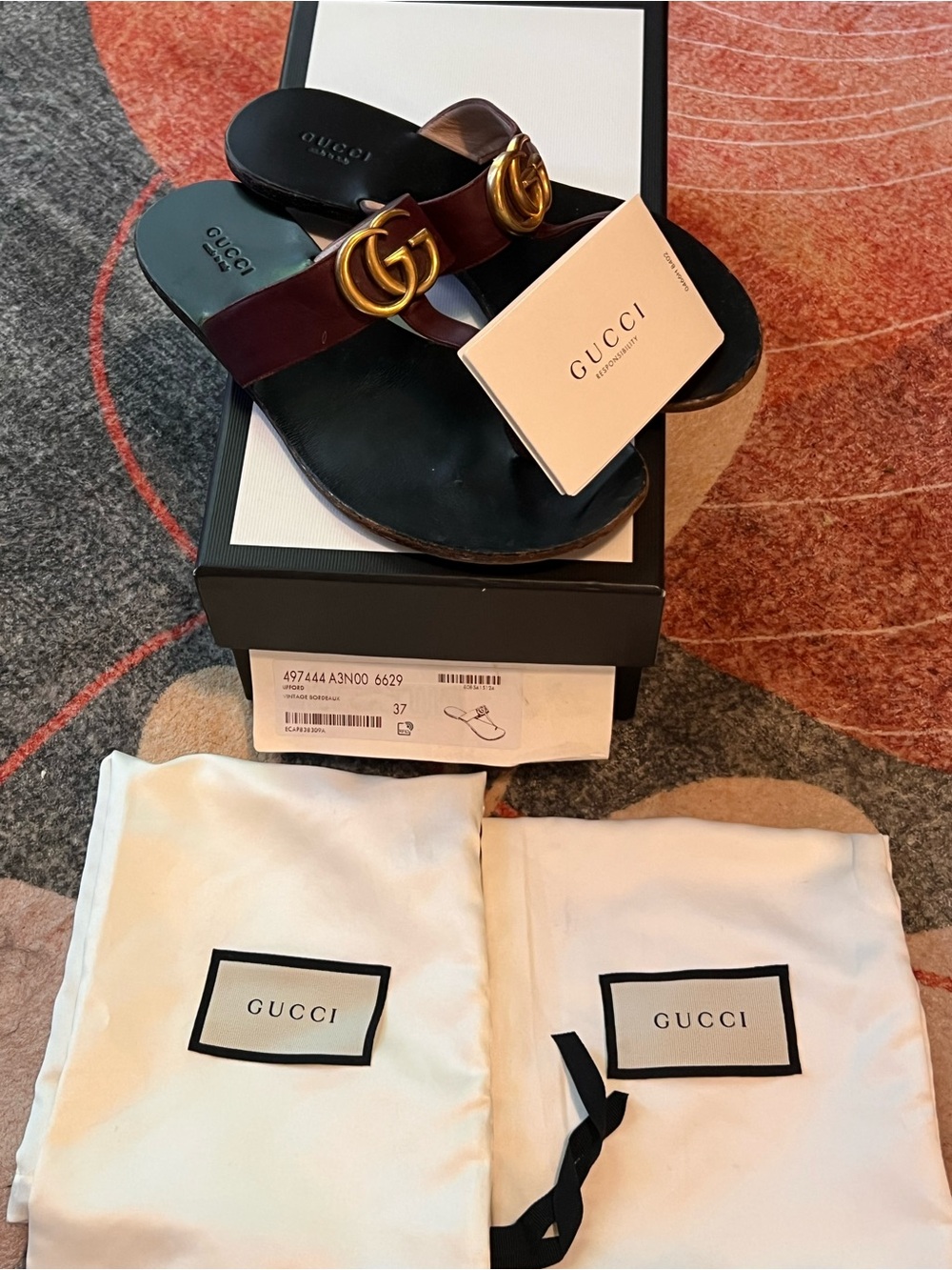Gucci Bordeaux Burgundy Leather GG  Sandals
